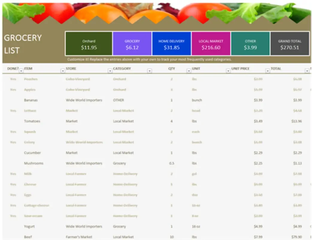 Grocery List Template excel